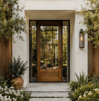 A welcoming wood and glass front door surrounded by plants