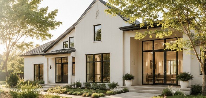 A white modern farmhouse with warm light and mature trees