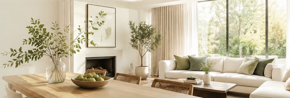 A calm living room with plants and natural light