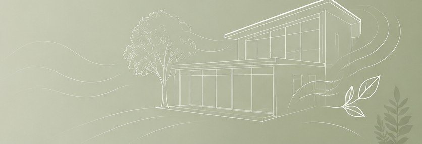 A line drawing of a modern home with a tree and flowing air lines